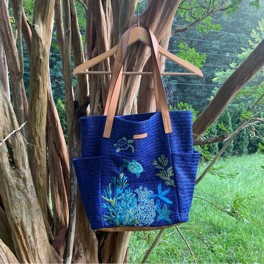 Vera Bradley North South Embroidered Straw Beach Tote in Royal Blue